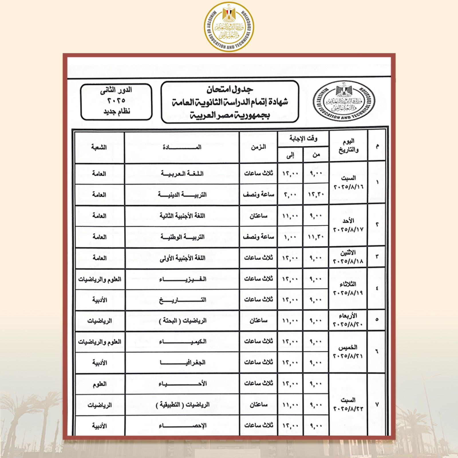 جدول الثانوية العامة نظام جديد للدور الثانى 2025 جدول الثانوية العامة نظام جديد للدور الثانى 2025